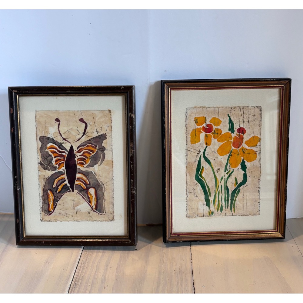 Vintage Batik Butterfly & Flowers Framed Wall Art Set of 2 Boho Folk Art